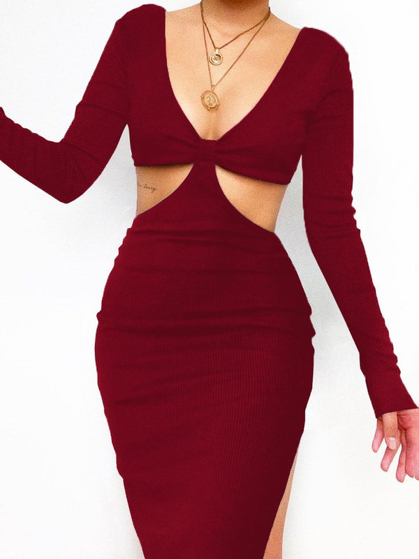 Solid V-neck Long-sleeved Waistless Backless Bodycon Dress - Midi Dresses - INS | Online Fashion Free Shipping Clothing, Dresses, Tops, Shoes - 17/07/2021 - 20-30 - color-black