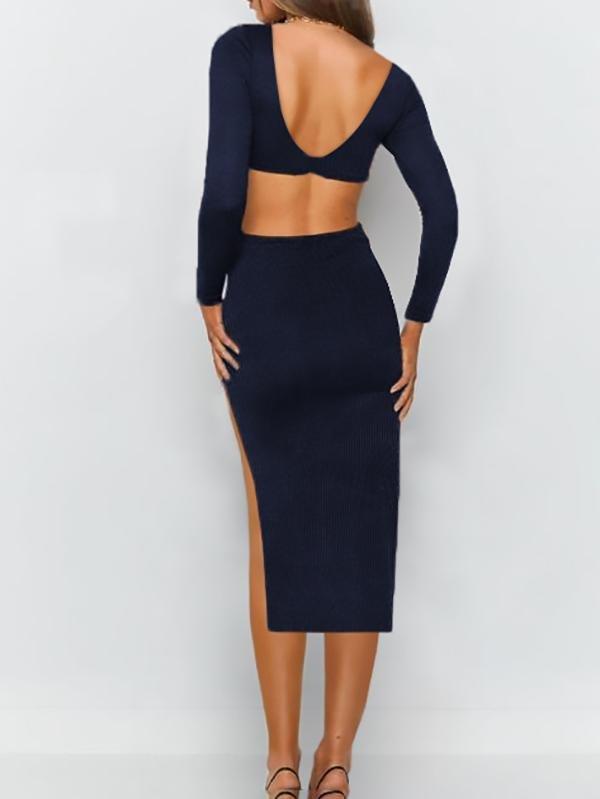 Solid V-neck Long-sleeved Waistless Backless Bodycon Dress - Midi Dresses - INS | Online Fashion Free Shipping Clothing, Dresses, Tops, Shoes - 17/07/2021 - 20-30 - color-black