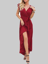 Solid V-Neck Short Sleeve Split Dress - Maxi Dresses - INS | Online Fashion Free Shipping Clothing, Dresses, Tops, Shoes - 19/07/2021 - 20-30 - Category_Maxi Dresses