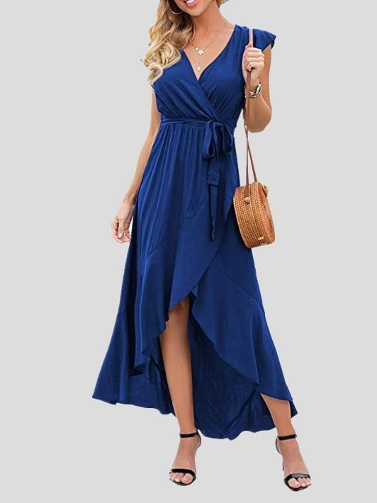 Solid V-Neck Short Sleeve Split Dress - Maxi Dresses - INS | Online Fashion Free Shipping Clothing, Dresses, Tops, Shoes - 19/07/2021 - 20-30 - Category_Maxi Dresses