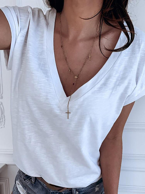 Solid V-neck Short Sleeve T-shirt - T-Shirts - INS | Online Fashion Free Shipping Clothing, Dresses, Tops, Shoes - 27/04/2021 - Color_White - Season_Summer