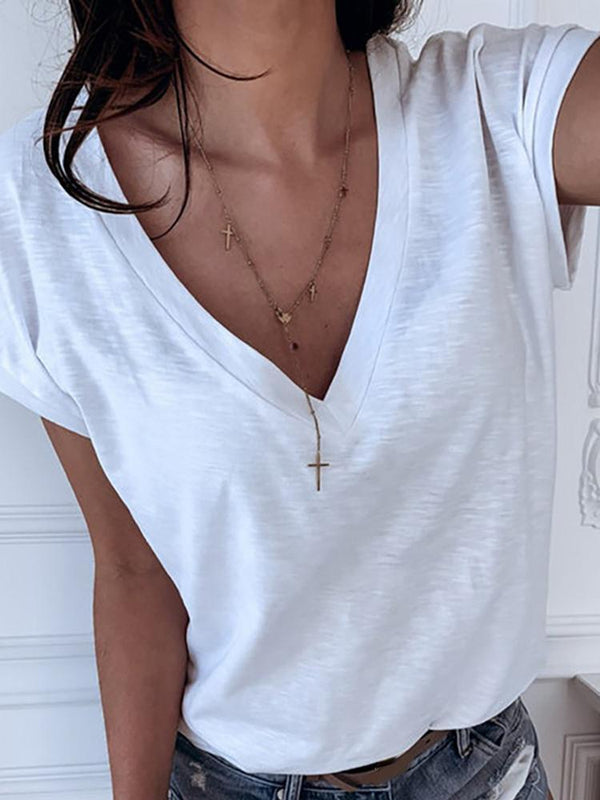 Solid V-neck Short Sleeve T-shirt - T-Shirts - INS | Online Fashion Free Shipping Clothing, Dresses, Tops, Shoes - 27/04/2021 - Color_White - Season_Summer