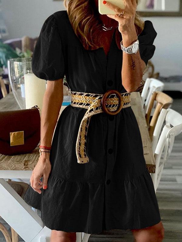 Solid V-neck Short-sleeved button Dress - Mini Dresses - INS | Online Fashion Free Shipping Clothing, Dresses, Tops, Shoes - 15/07/2021 - 30-40 - color-black