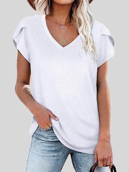 Solid V-neck Short-sleeved T-shirt - T-shirts - INS | Online Fashion Free Shipping Clothing, Dresses, Tops, Shoes - 10-20 - 22/06/2021 - color-black