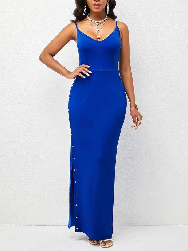 Spaghetti Strap Button Detail Slit Bodycon Dress - Maxi Dresses - INS | Online Fashion Free Shipping Clothing, Dresses, Tops, Shoes - 19/04/2021 - Category_Maxi Dresses - chiffon-dress