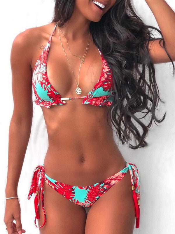 Spaghetti Strap Halter Tropical Print Bikini - Bikinis - INS | Online Fashion Free Shipping Clothing, Dresses, Tops, Shoes - 26/04/2021 - BIK210427042 - Bikinis