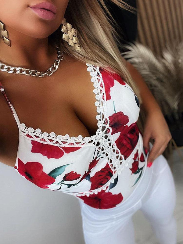 Spaghetti Strap Lace Trim Floral Print Tank Crop Top - Tank Tops - INS | Online Fashion Free Shipping Clothing, Dresses, Tops, Shoes - 26/04/2021 - Color_White - Season_Spring