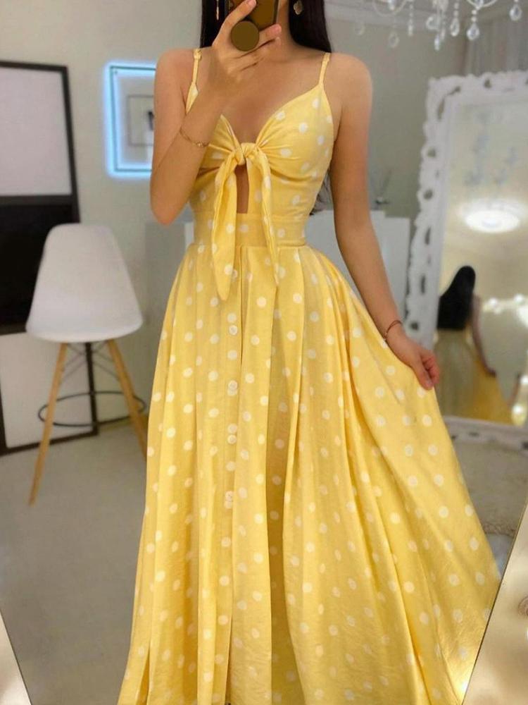 Spaghetti Strap Polkadot Print Knotted Design Maxi Dress - Maxi Dresses - INS | Online Fashion Free Shipping Clothing, Dresses, Tops, Shoes - 28/04/2021 - Color_ Blue - Color_Yellow