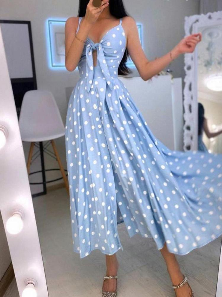 Spaghetti Strap Polkadot Print Knotted Design Maxi Dress - Maxi Dresses - INS | Online Fashion Free Shipping Clothing, Dresses, Tops, Shoes - 28/04/2021 - Color_ Blue - Color_Yellow