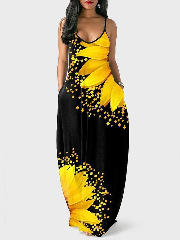 Spaghetti Strap Sunflower Print Pocket Maxi Dress - Maxi Dresses - INS | Online Fashion Free Shipping Clothing, Dresses, Tops, Shoes - "Color_Yellow - 20/04/2021 - Category_Maxi Dresses