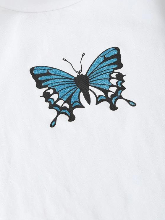 Sparkly Butterfly Print Contrast Trim Crop T-shirt - INS | Online Fashion Free Shipping Clothing, Dresses, Tops, Shoes