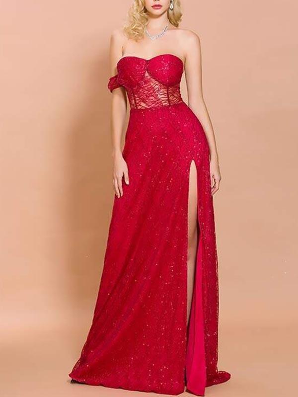 Split Thigh Sequin Mesh Bustier Prom Dress - Dresses - INS | Online Fashion Free Shipping Clothing, Dresses, Tops, Shoes - 02//03/2021 - chiffon-dress - Color_Red