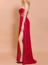 Split Thigh Sequin Mesh Bustier Prom Dress - Dresses - INS | Online Fashion Free Shipping Clothing, Dresses, Tops, Shoes - 02//03/2021 - chiffon-dress - Color_Red