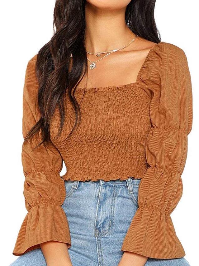 Square Neck Puff Sleeve Smocked Shirt Crop Top - Blouses - INS | Online Fashion Free Shipping Clothing, Dresses, Tops, Shoes - 23/04/2021 - BLO210423001 - Blouses