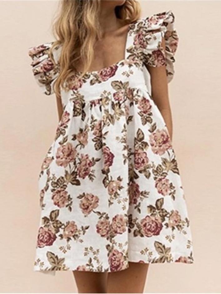 Square Neck Ruffled Floral Print Trendy Dress - Mini Dresses - INS | Online Fashion Free Shipping Clothing, Dresses, Tops, Shoes - 17/07/2021 - 30-40 - color-pink