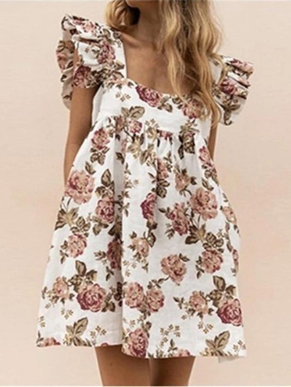 Square Neck Ruffled Floral Print Trendy Dress - Mini Dresses - INS | Online Fashion Free Shipping Clothing, Dresses, Tops, Shoes - 17/07/2021 - 30-40 - color-pink