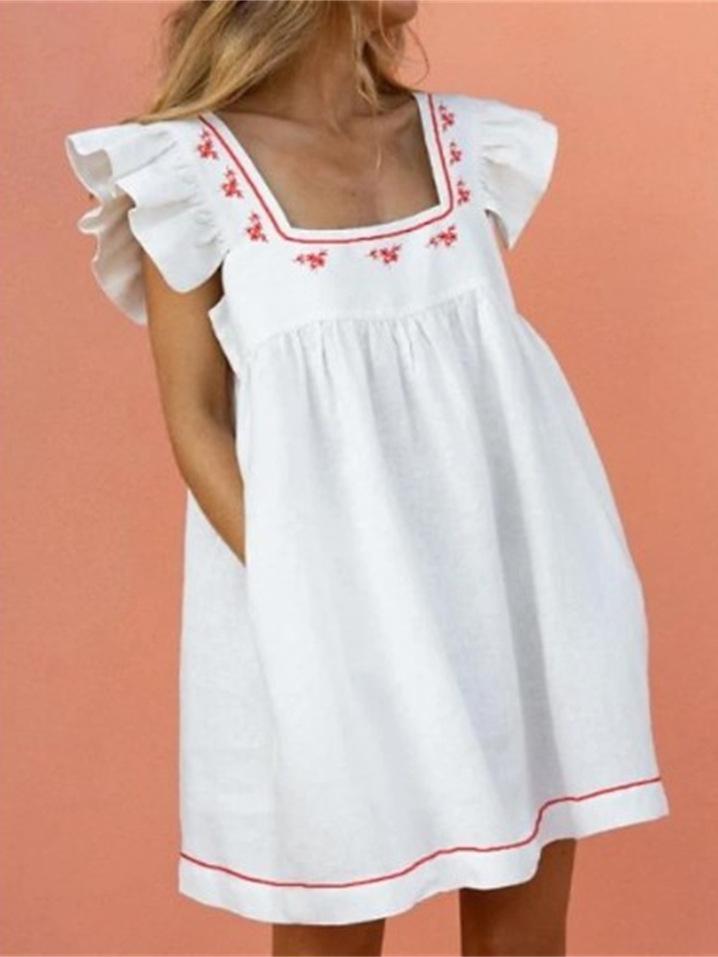 Square Neck Ruffled Print Fashion Dress - Mini Dresses - INS | Online Fashion Free Shipping Clothing, Dresses, Tops, Shoes - 17/07/2021 - 30-40 - color-white