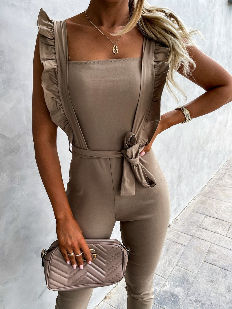 Square-Neck Slim-fit Belted Wood Ear Jumpsuit - Jumpsuits & Rompers - INS | Online Fashion Free Shipping Clothing, Dresses, Tops, Shoes - 02/07/2021 - 20-30 - Bottom
