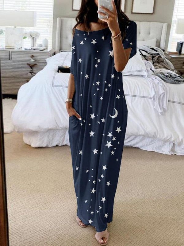 Star And Moon Print Short Sleeve Maxi Dress - Maxi Dresses - INS | Online Fashion Free Shipping Clothing, Dresses, Tops, Shoes - 02/06/2021 - Category_Maxi Dresses - Color_Blue