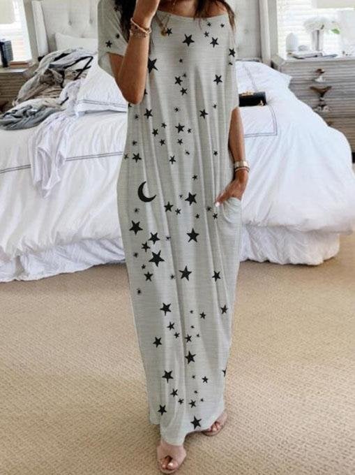 Star And Moon Print Short Sleeve Maxi Dress - Maxi Dresses - INS | Online Fashion Free Shipping Clothing, Dresses, Tops, Shoes - 02/06/2021 - Category_Maxi Dresses - Color_Blue