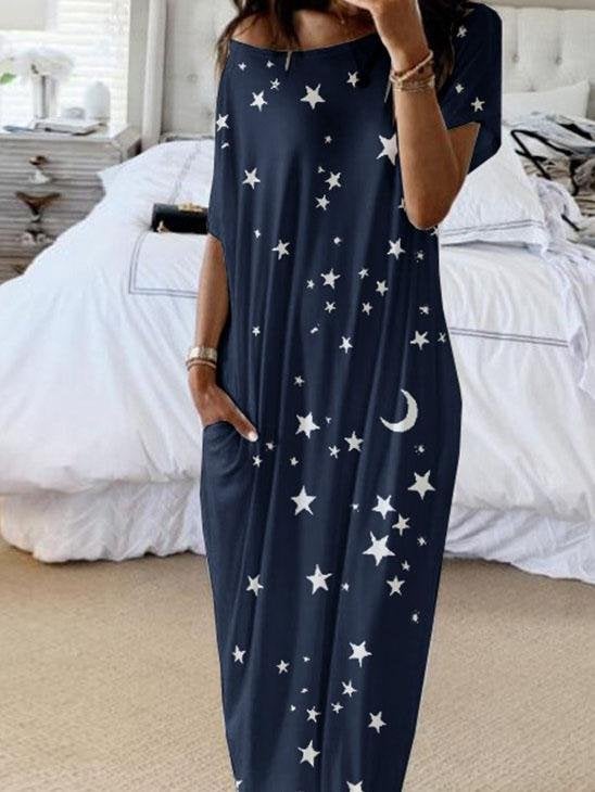 Star And Moon Print Short Sleeve Maxi Dress - Maxi Dresses - INS | Online Fashion Free Shipping Clothing, Dresses, Tops, Shoes - 02/06/2021 - Category_Maxi Dresses - Color_Blue