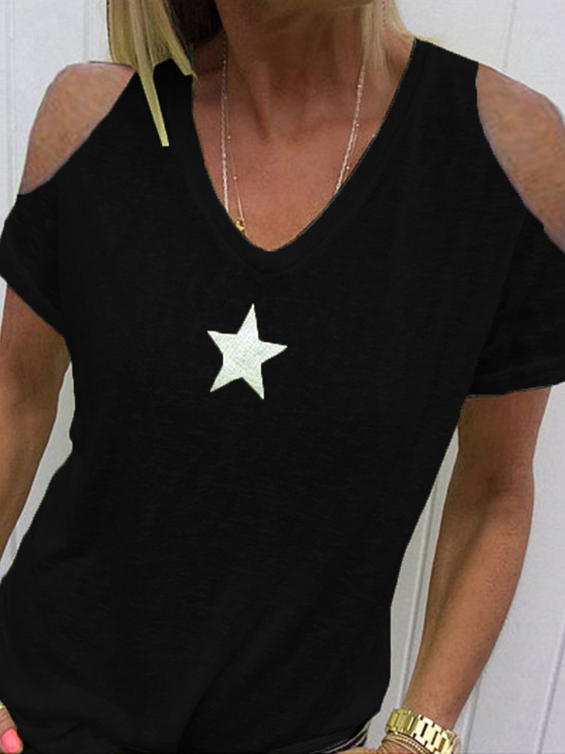 Star Off-shoulder Short-sleeved T-shirt - T-shirts - INS | Online Fashion Free Shipping Clothing, Dresses, Tops, Shoes - 10-20 - 19/06/2021 - color-black