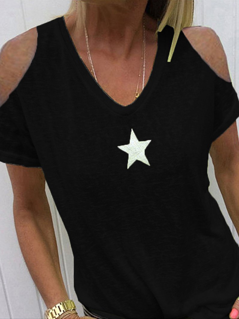 Star Off-shoulder Short-sleeved T-shirt - T-shirts - INS | Online Fashion Free Shipping Clothing, Dresses, Tops, Shoes - 10-20 - 19/06/2021 - color-black