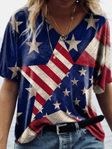 Star Print Color-blocking V-neck T-shirt - T-shirts - INS | Online Fashion Free Shipping Clothing, Dresses, Tops, Shoes - 10-20 - 23/06/2021 - color-blue