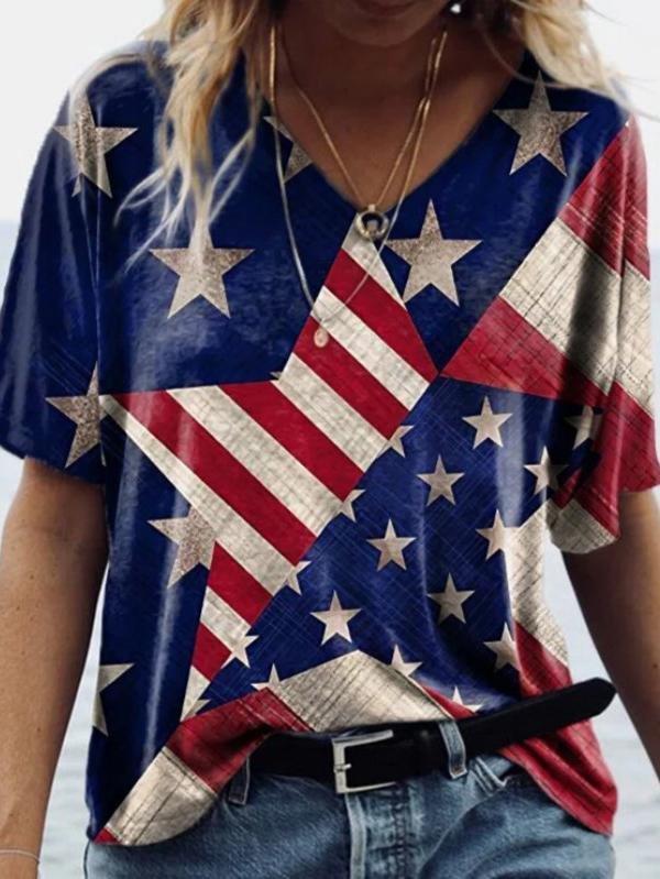 Star Print Color-blocking V-neck T-shirt - T-shirts - INS | Online Fashion Free Shipping Clothing, Dresses, Tops, Shoes - 10-20 - 23/06/2021 - color-blue