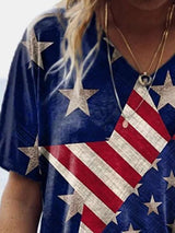 Star Print Color-blocking V-neck T-shirt - T-shirts - INS | Online Fashion Free Shipping Clothing, Dresses, Tops, Shoes - 10-20 - 23/06/2021 - color-blue