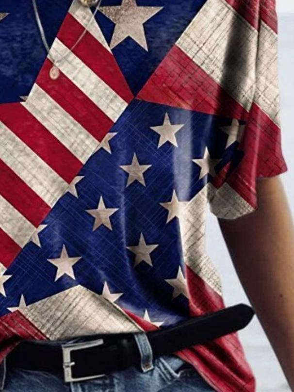 Star Print Color-blocking V-neck T-shirt - T-shirts - INS | Online Fashion Free Shipping Clothing, Dresses, Tops, Shoes - 10-20 - 23/06/2021 - color-blue