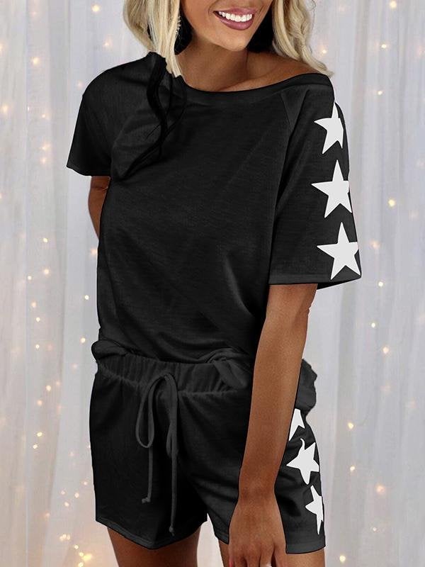 Star Print Short-sleeved Round Neck Casual Suit - Sets - INS | Online Fashion Free Shipping Clothing, Dresses, Tops, Shoes - 17/06/2021 - 20-30 - Bottoms