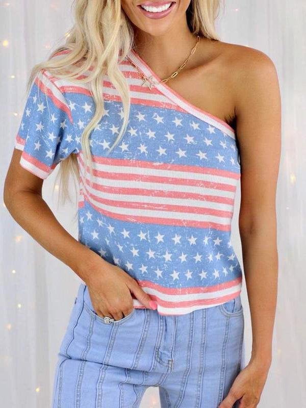 Star Print Slanted-shoulder Short-sleeved T-shirt - T-Shirts - INS | Online Fashion Free Shipping Clothing, Dresses, Tops, Shoes - 10/06/2021 - Color_Blue - LXQ