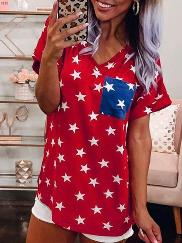 Star-shaped Pocket Short-sleeved T-shirt - T-shirts - INS | Online Fashion Free Shipping Clothing, Dresses, Tops, Shoes - 10-20 - 29/06/2021 - color-red