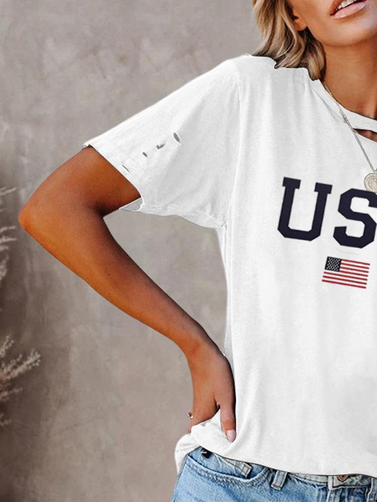 Stars And Stripes Print Ripped T-shirt - T Shirts - INS | Online Fashion Free Shipping Clothing, Dresses, Tops, Shoes - 05/22/2021 - Category_T Shirts - Color_Black