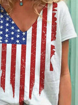 Stars And Stripes Printed Short Sleeve V-neck T-shirt - T-Shirts - INS | Online Fashion Free Shipping Clothing, Dresses, Tops, Shoes - 01/06/2021 - Category_T-Shirts - Color_White