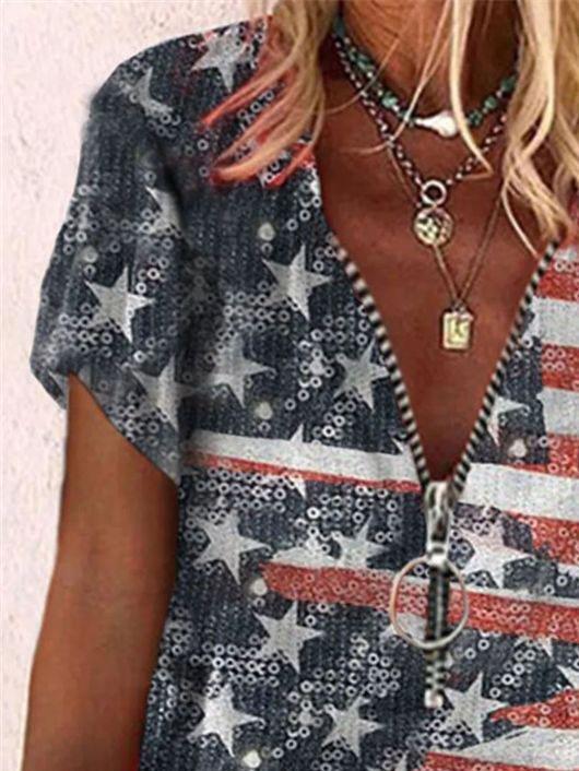 Stars And Stripes Printed Short Sleeve V-neck Zip Loose T-shirt - T-Shirts - INS | Online Fashion Free Shipping Clothing, Dresses, Tops, Shoes - 05/06/2021 - Category_T-Shirts - Color_Pink