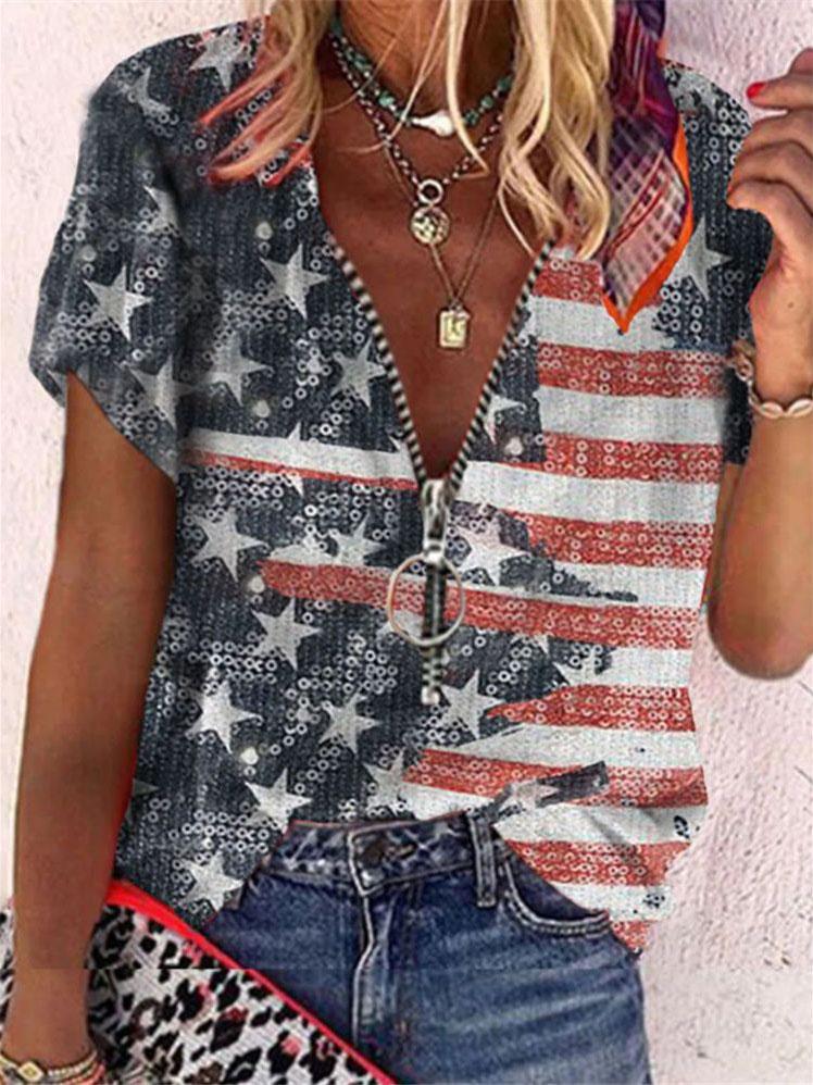 Stars And Stripes Printed Short Sleeve V-neck Zip Loose T-shirt - T-Shirts - INS | Online Fashion Free Shipping Clothing, Dresses, Tops, Shoes - 05/06/2021 - Category_T-Shirts - Color_Pink