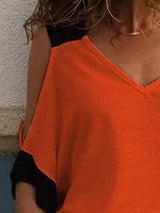 Stitching Contrast Off-shoulder V-neck T-shirt - T-shirts - INS | Online Fashion Free Shipping Clothing, Dresses, Tops, Shoes - 10-20 - 28/06/2021 - color-orange