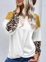 Stitching Leopard Print Knit Waffle Long-sleeved T-shirt - T-shirts - INS | Online Fashion Free Shipping Clothing, Dresses, Tops, Shoes - 16/07/2021 - 20-30 - color-black