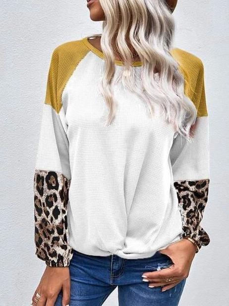 Stitching Leopard Print Knit Waffle Long-sleeved T-shirt - T-shirts - INS | Online Fashion Free Shipping Clothing, Dresses, Tops, Shoes - 16/07/2021 - 20-30 - color-black