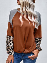 Stitching Leopard Print Knit Waffle Long-sleeved T-shirt - T-shirts - INS | Online Fashion Free Shipping Clothing, Dresses, Tops, Shoes - 16/07/2021 - 20-30 - color-black