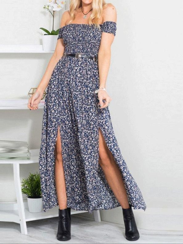 Strapless Short Sleeve Slit Long Dresses - Maxi Dresses - INS | Online Fashion Free Shipping Clothing, Dresses, Tops, Shoes - 10-20 - 17/06/2021 - color-blue