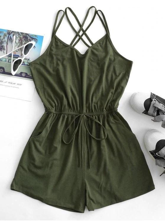 Straps Caged Back Tie Cami Pocket Romper - INS | Online Fashion Free Shipping Clothing, Dresses, Tops, Shoes