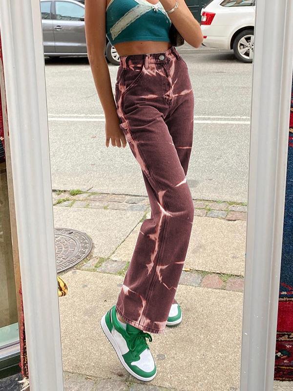 Street High-waist Tie-dye Contrast Straight-leg Pants - Jeans - INS | Online Fashion Free Shipping Clothing, Dresses, Tops, Shoes - 10/05/2021 - Color_Brown - DEN210510150