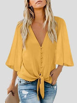 Street Hipster Bow Shirt Solid V Neck Flared Sleeve Blouse - Blouses - INS | Online Fashion Free Shipping Clothing, Dresses, Tops, Shoes - 10-20 - 27/07/2021 - BLO2107271277