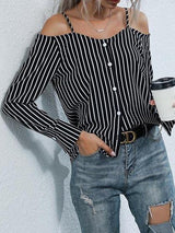 Stripe Chiffon Off-Shoulder Sling Shirt - Blouses - INS | Online Fashion Free Shipping Clothing, Dresses, Tops, Shoes - 22/03/2021 - AMZ - Autumn