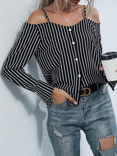 Stripe Chiffon Off-Shoulder Sling Shirt - Blouses - INS | Online Fashion Free Shipping Clothing, Dresses, Tops, Shoes - 22/03/2021 - AMZ - Autumn