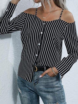 Stripe Chiffon Off-Shoulder Sling Shirt - Blouses - INS | Online Fashion Free Shipping Clothing, Dresses, Tops, Shoes - 22/03/2021 - AMZ - Autumn