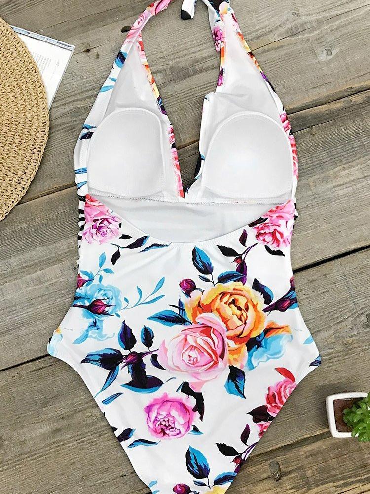 Stripe Halter And Bold Floral One Piece Swimsuit - Swimsuits - INS | Online Fashion Free Shipping Clothing, Dresses, Tops, Shoes - 09/04/2021 - Colour_Multicolor - Floral